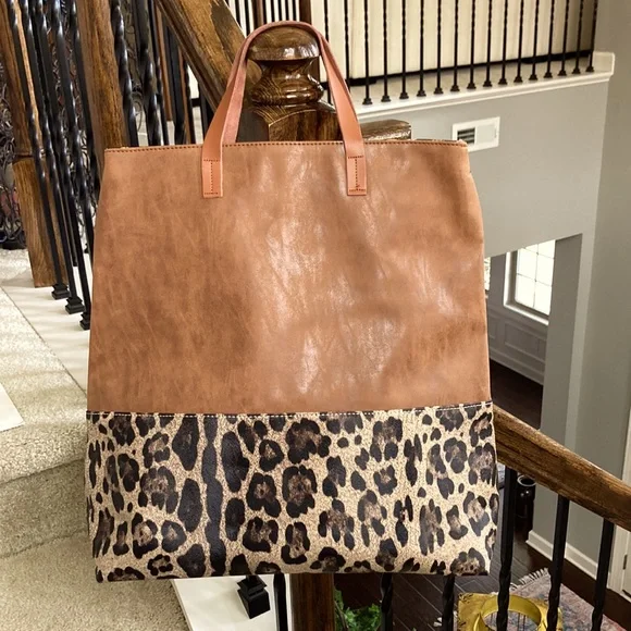 Brown Leather with Leopard Print Tote - Picture 1 of 13